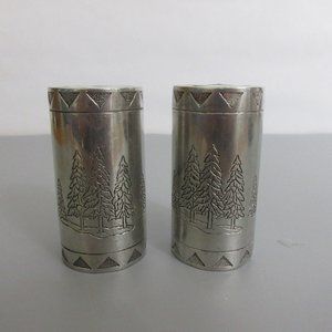 Vintage Pewter 2.5” Winter Tree Etched Salt & Pepper Shakers U.P. 2001 Christmas